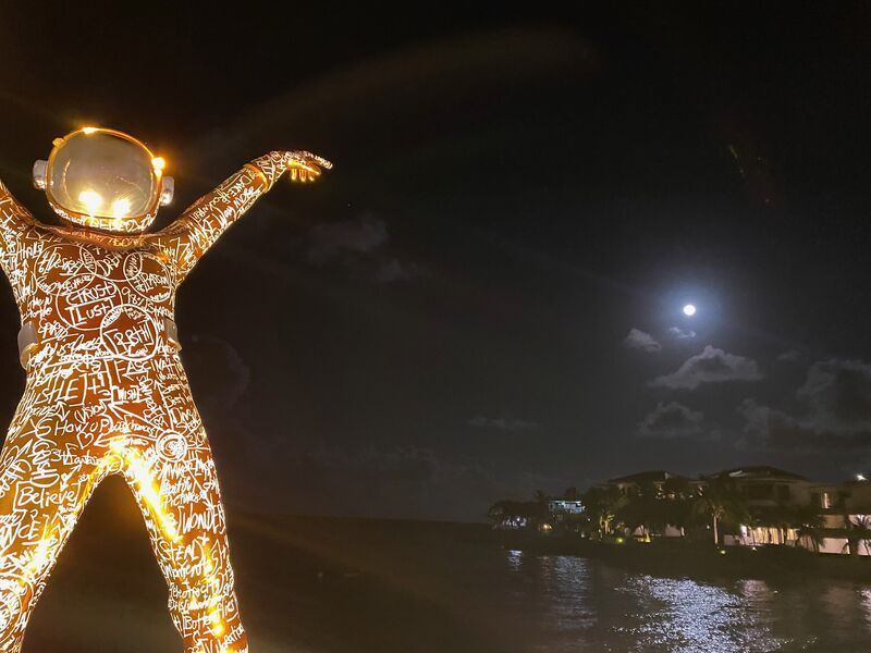 Spaceman Sculpture at Night